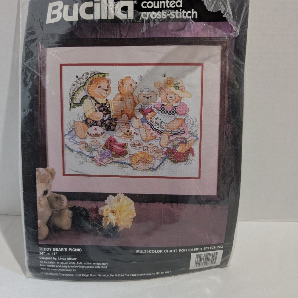 Bucilla Counted Cross Stitch Kit Teddy Bear's Picnic # 40742 VTG 1993